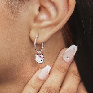 Sanrio Hello Kitty Brass Flash Silver Plated Pink Crystal Charm Hoop Earrings